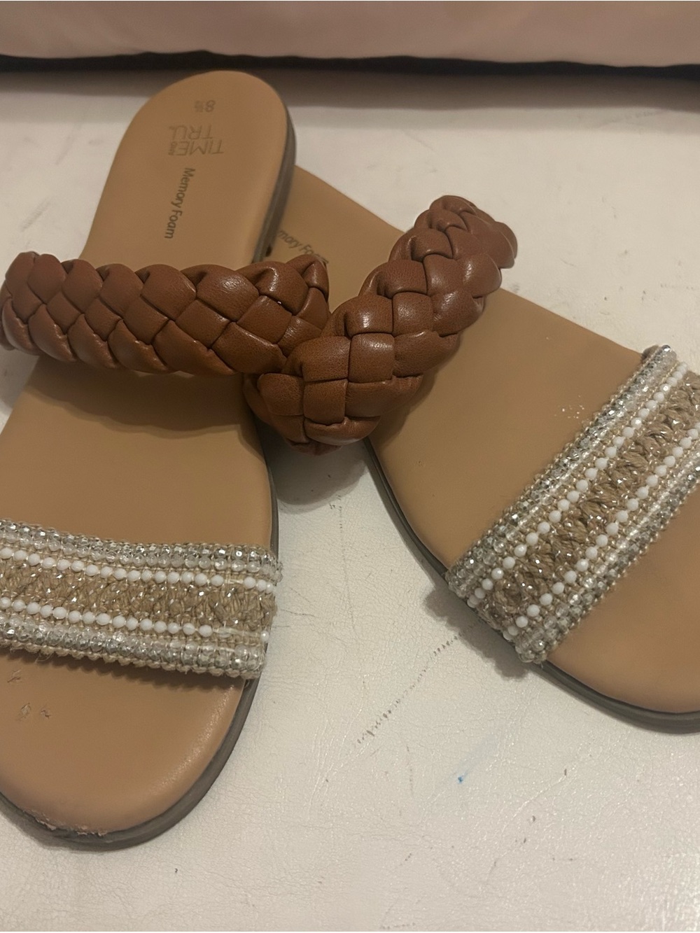 Time and Tru Tan Braided Slide Sandals with Beaded Strap